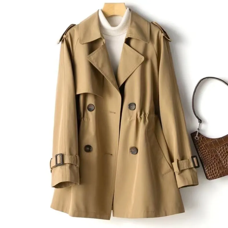 Women's Mid Length Waist Wrap Coat Versatile Windbreaker - Khaki