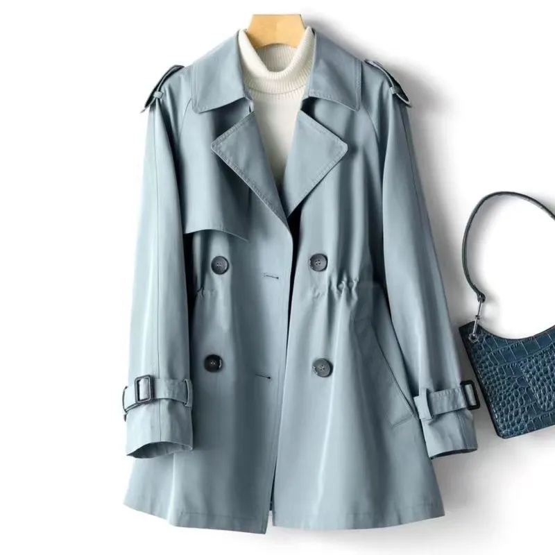 Women's Mid Length Waist Wrap Coat Versatile Windbreaker - Haze Blue