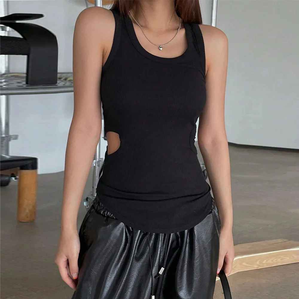 Women's Summer Black Sports Sleeveless Hollow Top - Black