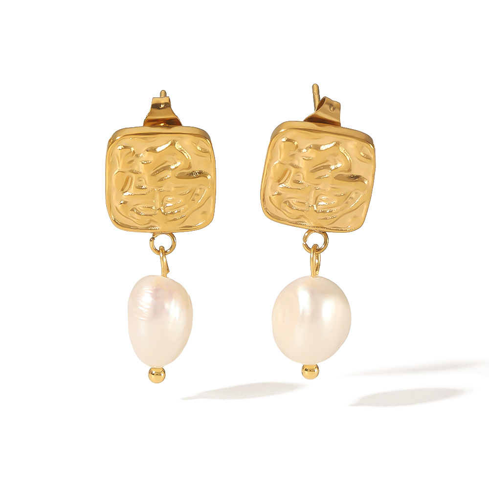 Titanium Steel 18K Gold Stainless Steel Retro Square Freshwater Pearl Earrings