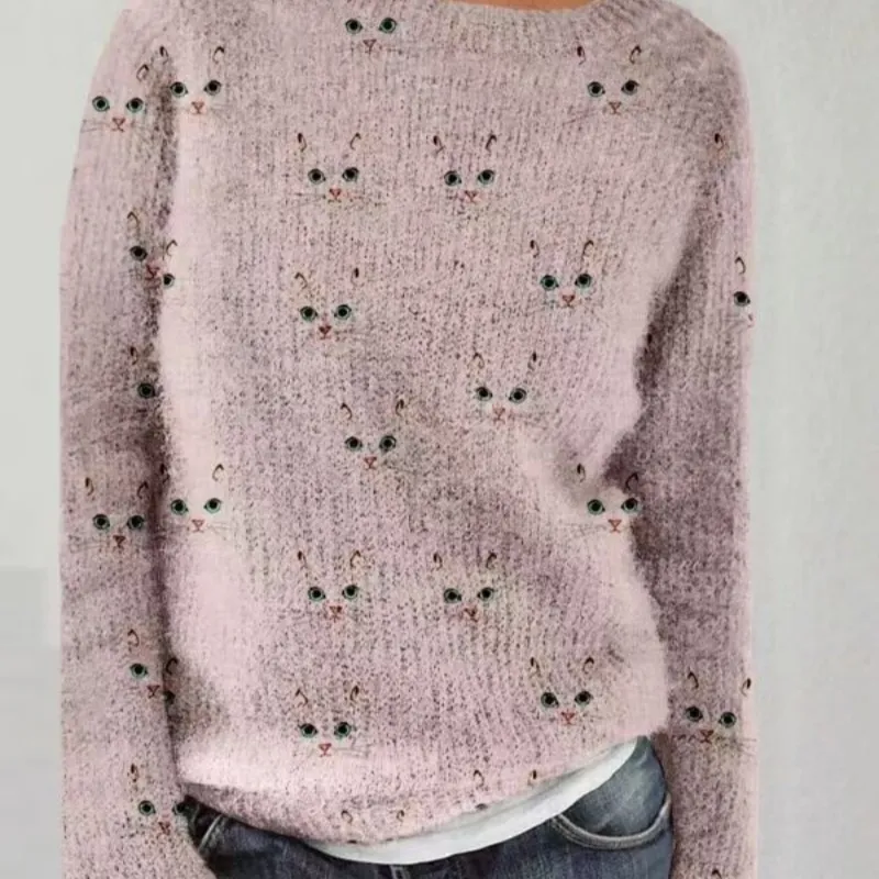 Women's Loose Printed Fleece Pullover Autumn And Winter Outer Wear - Pink