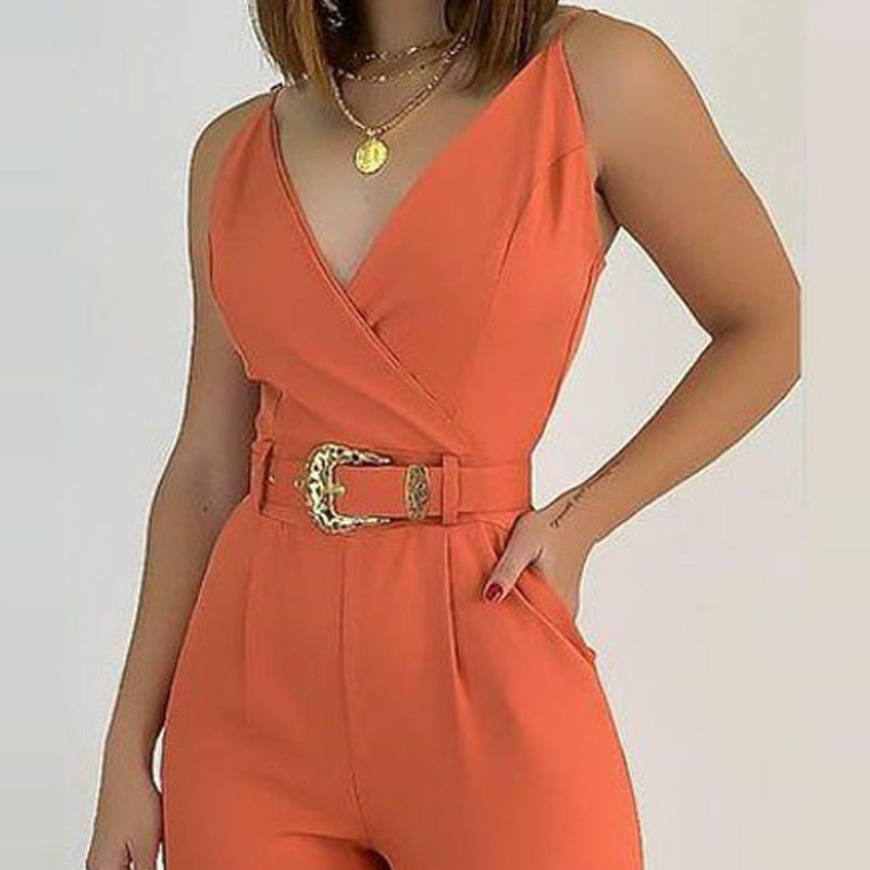Women's Fashion Hundred V-Neck Tie Slimming Jumpsuit