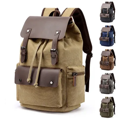 Casual Canvas Backpack Men's Business Laptop Bag With Buckle Drawstring Design