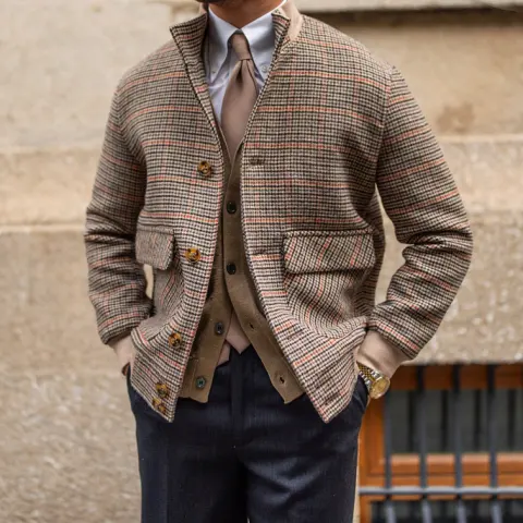 Bomber Jacket Tweed Fleece Cropped Slim-fit with Stand-up Collar