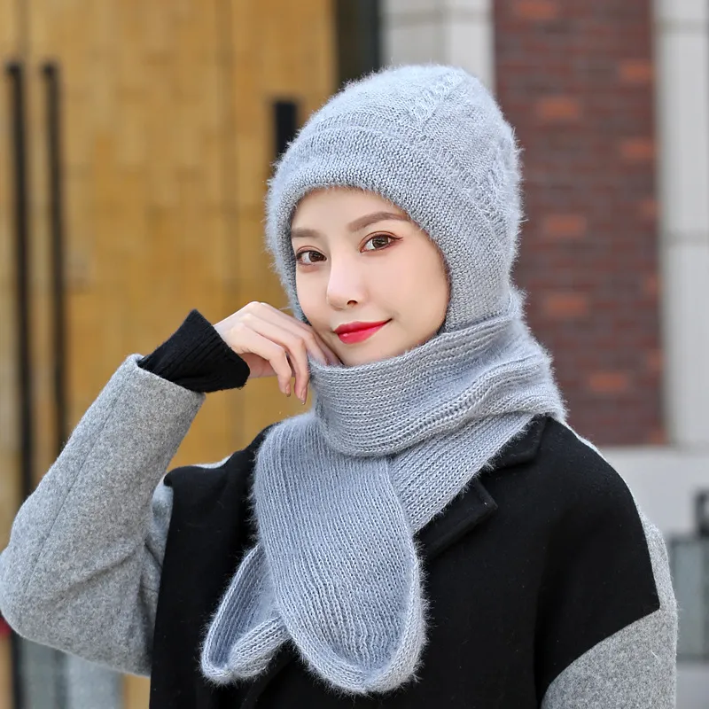 Hat And Scarf All-in-one Women's Winter New Style Plus Velvet And Thickening - Grey