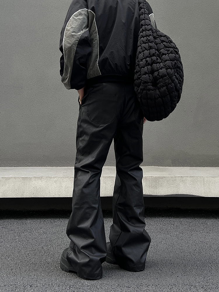 PU Black Men's Winter Straight Slightly Flared Casual Leather Pants