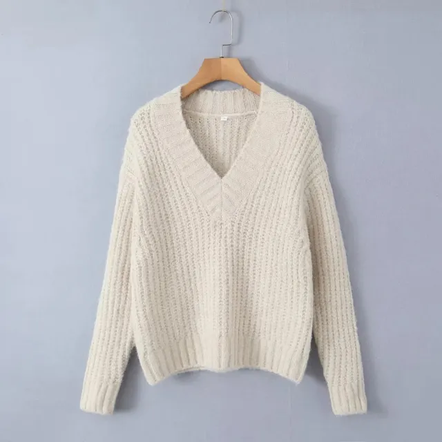 Simple All in one Solid Color V neck Long Sleeve Sweater Sweater Woman Beige - Shop at LoveMi