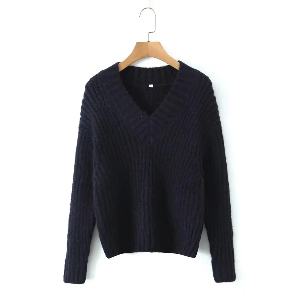 Simple All-in-one Solid Color V-neck Long Sleeve Sweater Sweater Woman - Navy Blue