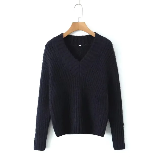 Simple All in one Solid Color V neck Long Sleeve Sweater Sweater Woman Blue - Shop at LoveMi
