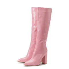 Fashion Boots Winter Pointed Toe High Square Heel Shoes With Side Zipper Mid-calf Boots Women - Pink - View 1