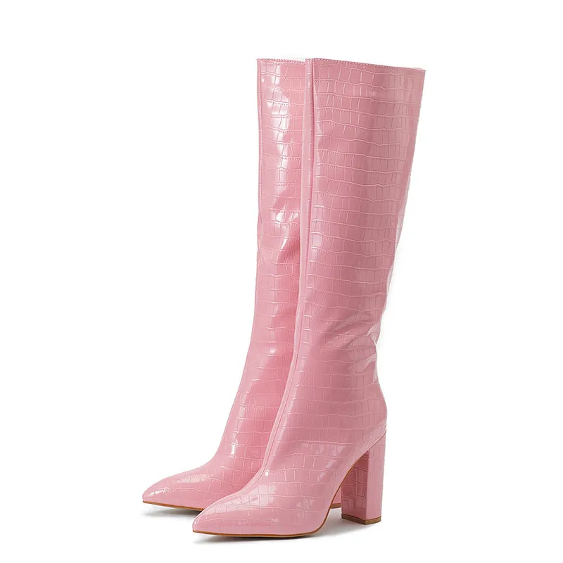 Fashion Boots Winter Pointed Toe High Square Heel Shoes With Side Zipper Mid-calf Boots Women - Pink