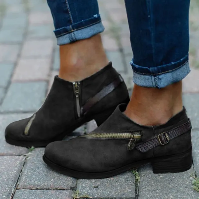 Retro Ankle Boots With Side Zipper Belt Buckle Design Round Toe Low Heel Boot Female Winter Autumn Fashion Women's Shoes Black - Shop at LoveMi