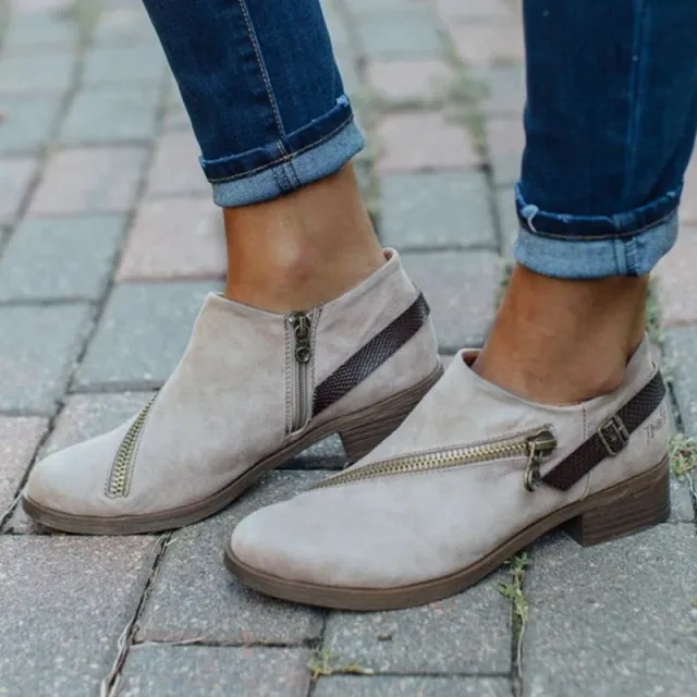 Retro Ankle Boots With Side Zipper Belt Buckle Design Round Toe Low Heel Boot Female Winter Autumn Fashion Women's Shoes Beige - Shop at LoveMi