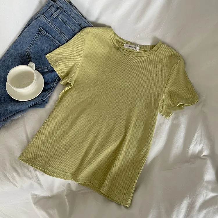 Women's Solid Color Short-sleeved T-shirt Slim-fit Crop-top - Pea Green