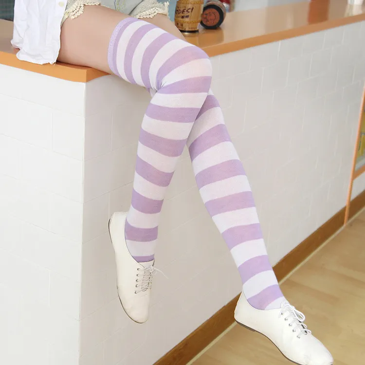 Stockings ladies over knee socks Japanese thigh socks striped high socks socks - Purple