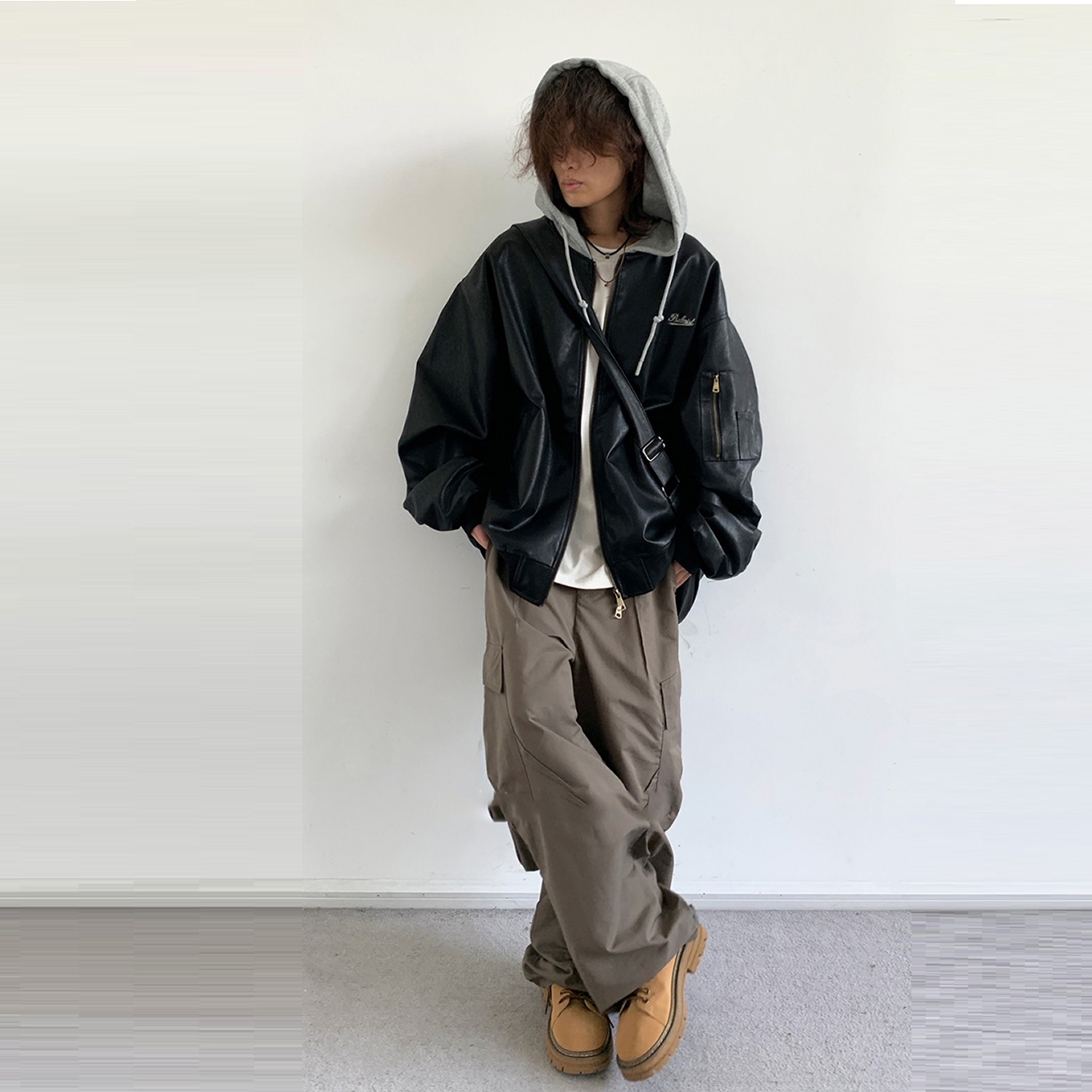 American Street Retro Patchwork Hooded Biker's Leather Jacket Coat