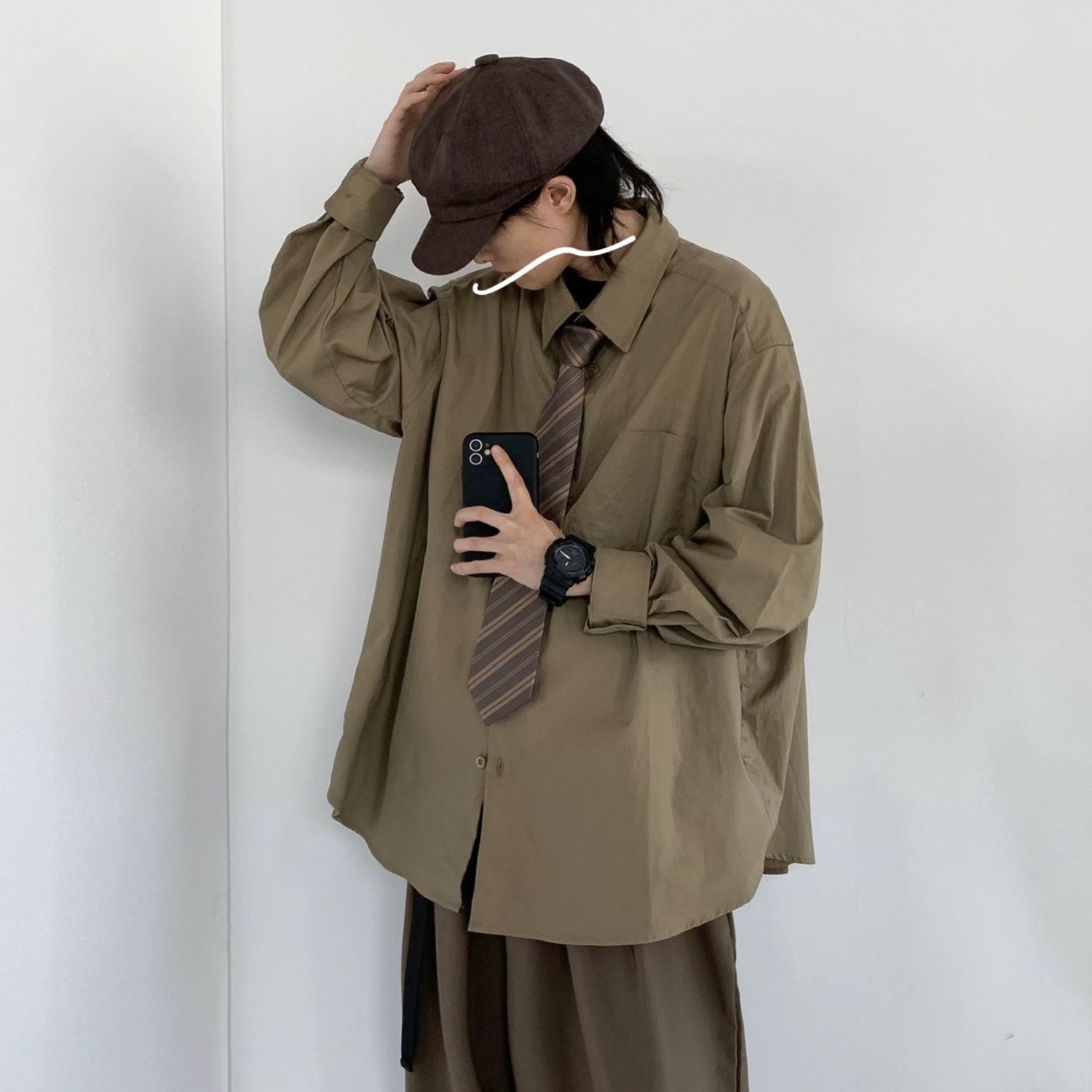 Japanese Retro Solid Color Workwear Long-sleeved Shirt Pants