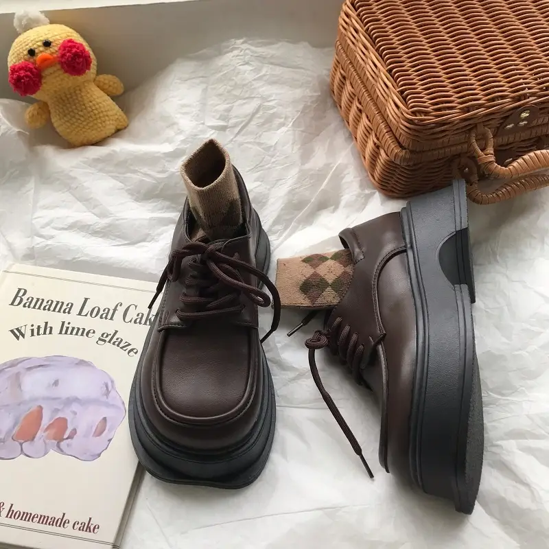 Autumn Fleece Thick Bottom Increased Retro British Lace Up Pumps