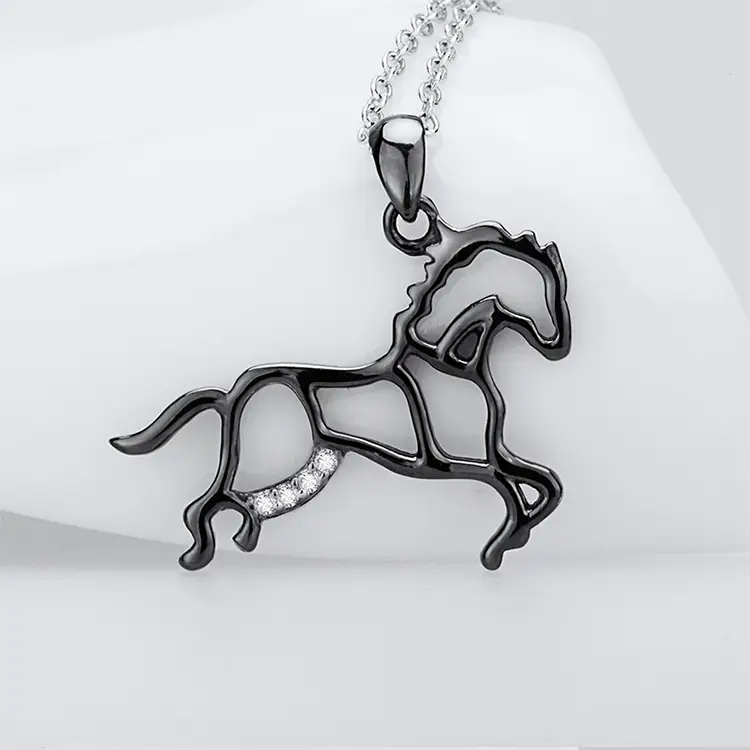 S925 Sterling Silver Necklace Black Micro Inlaid Zircon Horse Simple