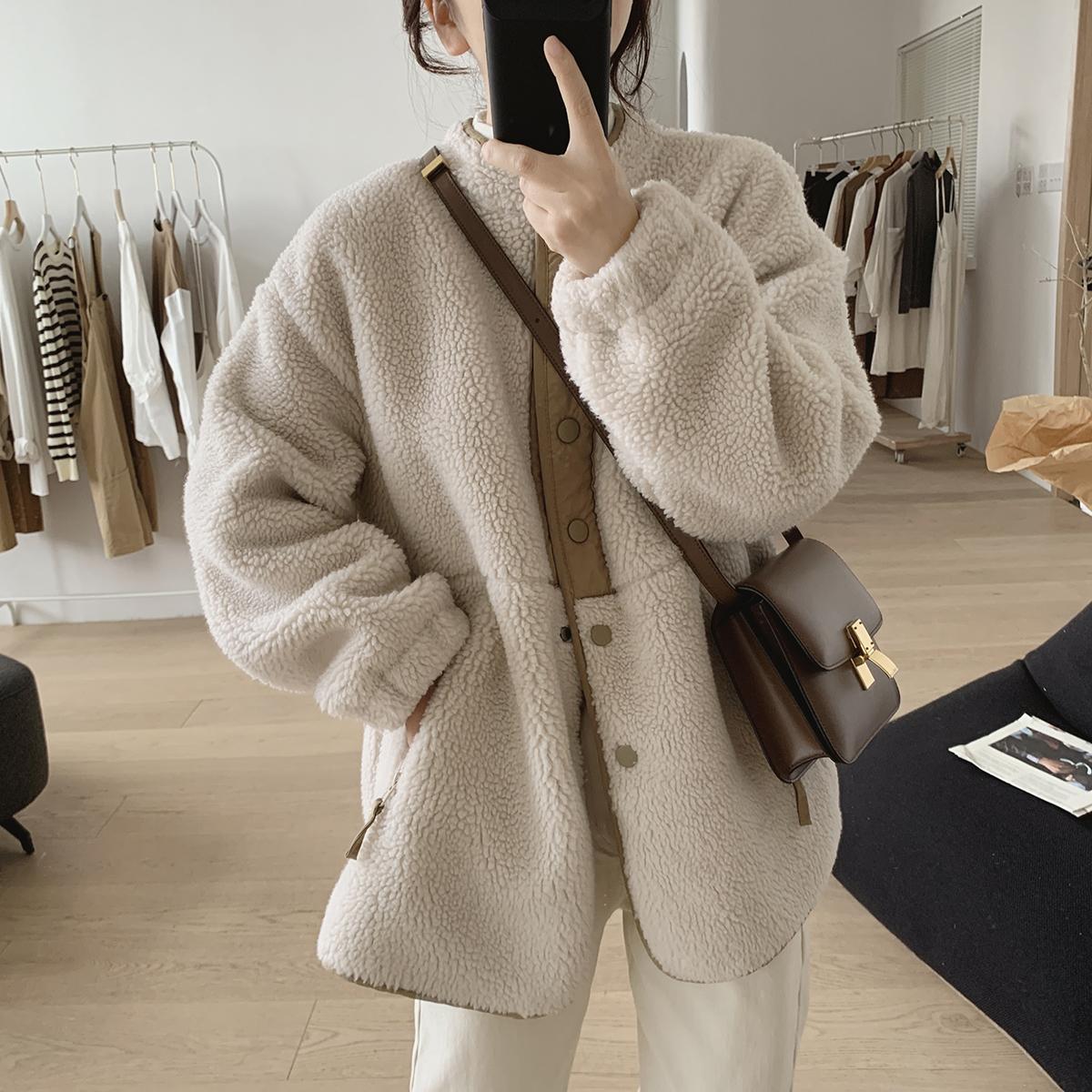 Lamb Wool Coat For Women Winter New Loose Slimming Stand Collar Padded Coat - Image 3