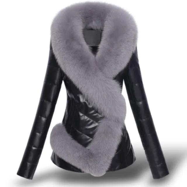 Women's Imitation Fox Fur Collar Short Slim Fitting Fur Patchwork Coat Black - Shop at LoveMi