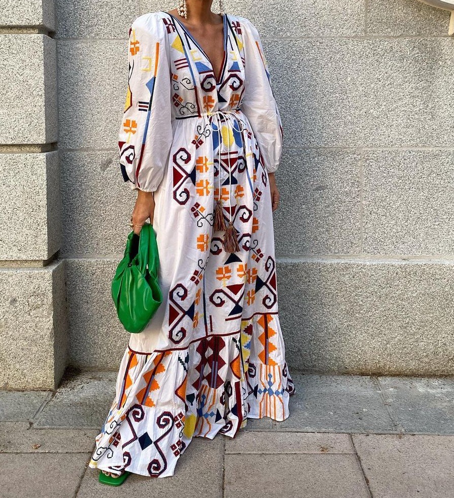New European And American Vacation Style Lantern Sleeve Printed Dress