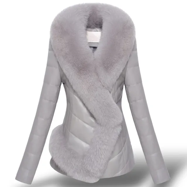 Women's Imitation Fox Fur Collar Short Slim Fitting Fur Patchwork Coat Grey - Shop at LoveMi