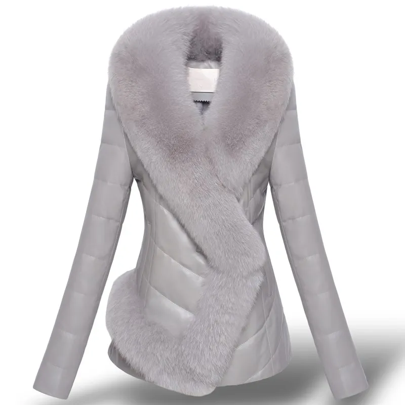 Women's Imitation Fox Fur Collar Short Slim Fitting Fur Patchwork Coat - Grey