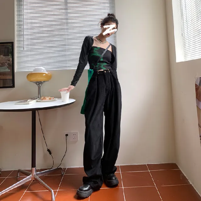 Chenille Corduroy Wide Leg Pants For Women Black Regular - Shop at LoveMi