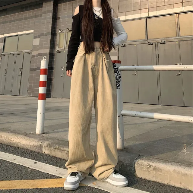 Oversized Corduroy Autumn Women's Loose Wide Leg Pants Apricot Plush - Shop at LoveMi