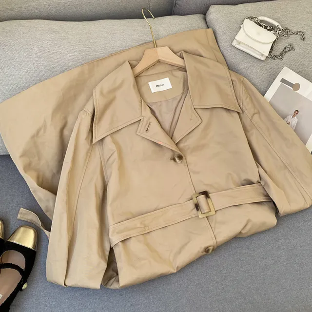 Polo Collar Loose Fitting Long Sleeved Trench Coat Single Breasted Khaki - Shop at LoveMi