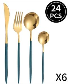 Portuguese Stainless Steel Tableware Steak Knife, Fork And Spoon - Dark Green Gold 24Pcs Set - View 1