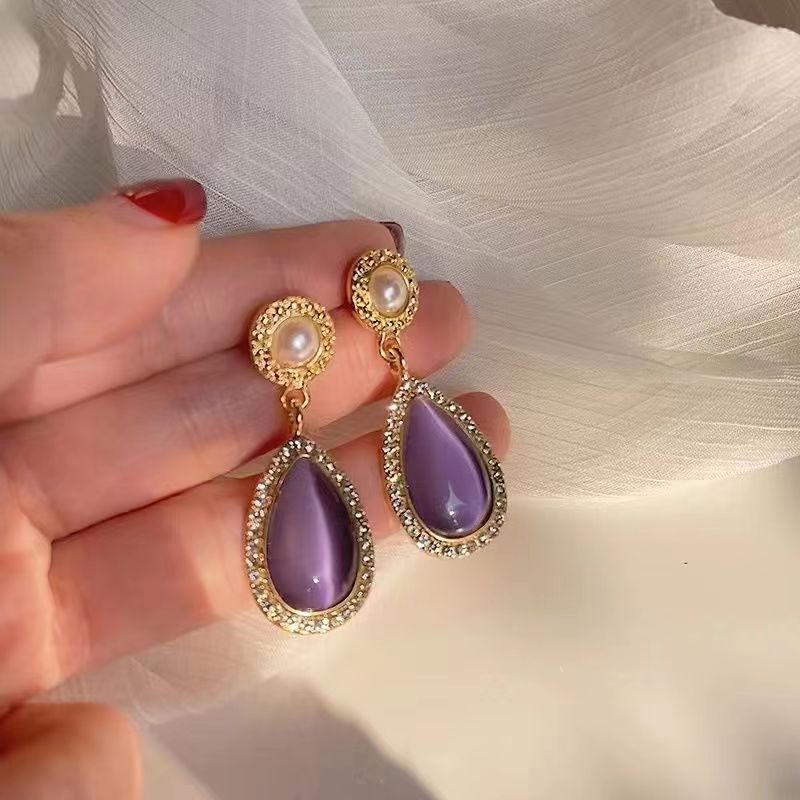 Vintage Purple Gemstone Earrings Female Tassel