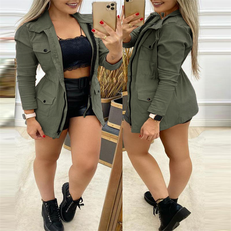 European And American Fashion Women's Wear Pink Leisure Cargo Waist Drawstring Coat