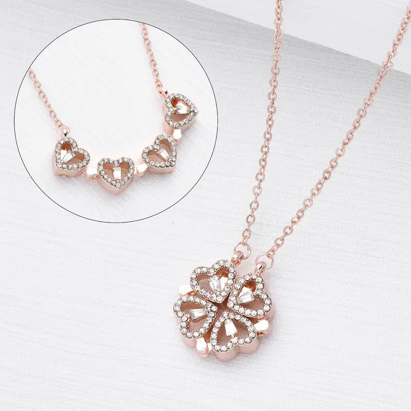 Retro Magnetic Folding Heart Shaped Four Leaf Clover Pendant Necklace Women Love