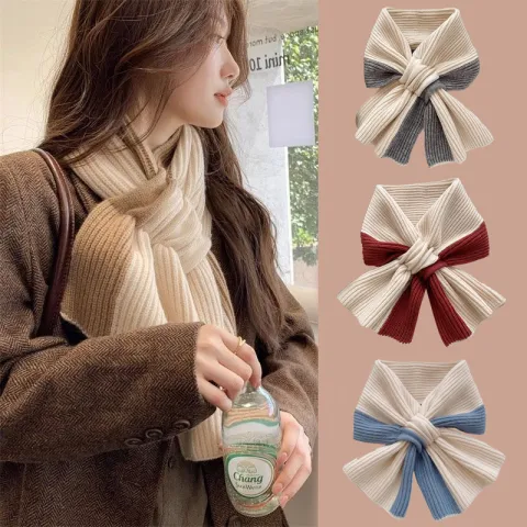Sweet Color-blocked Knitted Scarf for Women Autumn and Winter