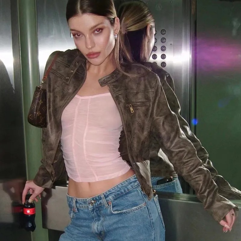 Retro Distressed Short Jacket Women's Slim Stand Collar Faux Deerskin