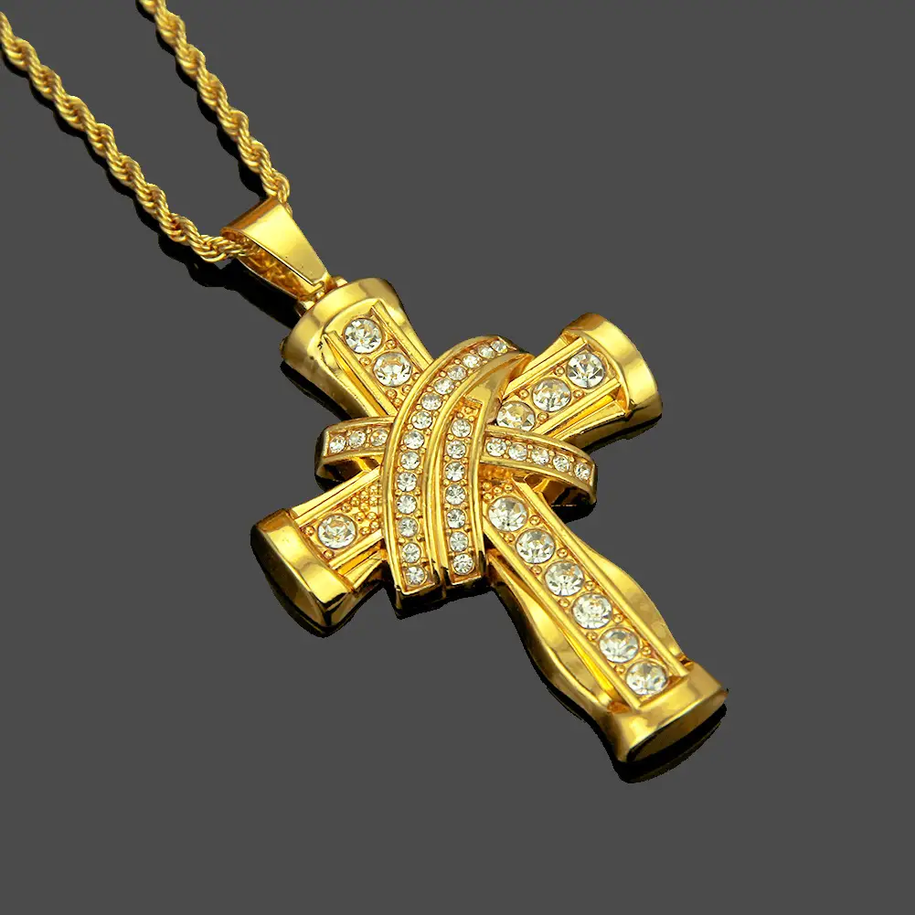 Men's Fashion Diamond Three-dimensional Cross Pendant Necklace