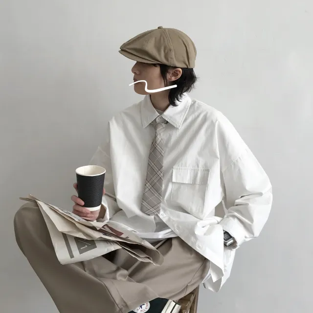 Japanese style Retro Solid Color Long Sleeve Shirt White - Shop at LoveMi