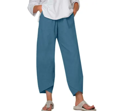 Women's Fashion Loose Annual Ring Printed Elastic Waist Pocket Casual Pants Peacock Blue - Shop at LoveMi