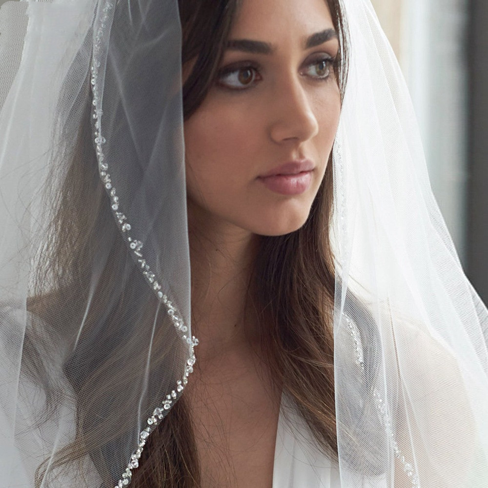 Handmade Bead Edging Single Layer Bridal Beaded Veil - Image 2