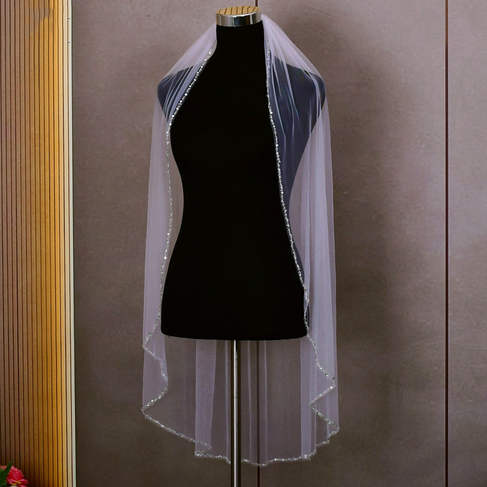 Handmade Bead Edging Single Layer Bridal Beaded Veil - Image 4