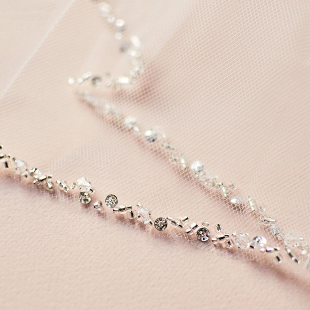 Handmade Bead Edging Single Layer Bridal Beaded Veil - Image 3