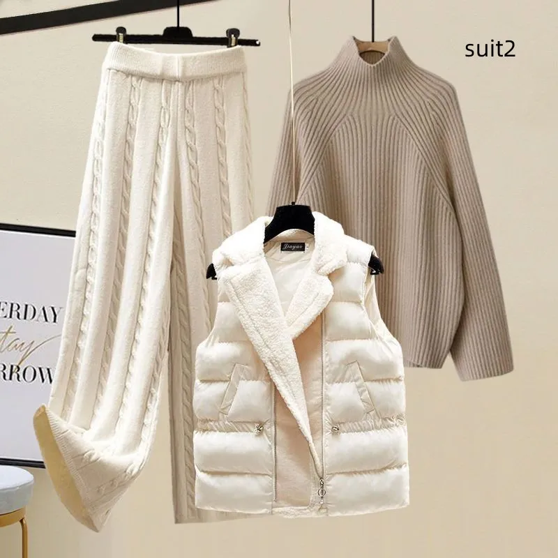 Cotton Vest Idle Style Knitted Sweater Wide Leg Pants Three-piece Set - Suit 2