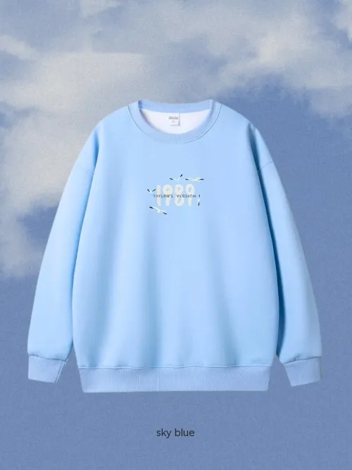 Embroidered Heavyweight Cotton Round Neck American Hoodie Blue - Shop at LoveMi