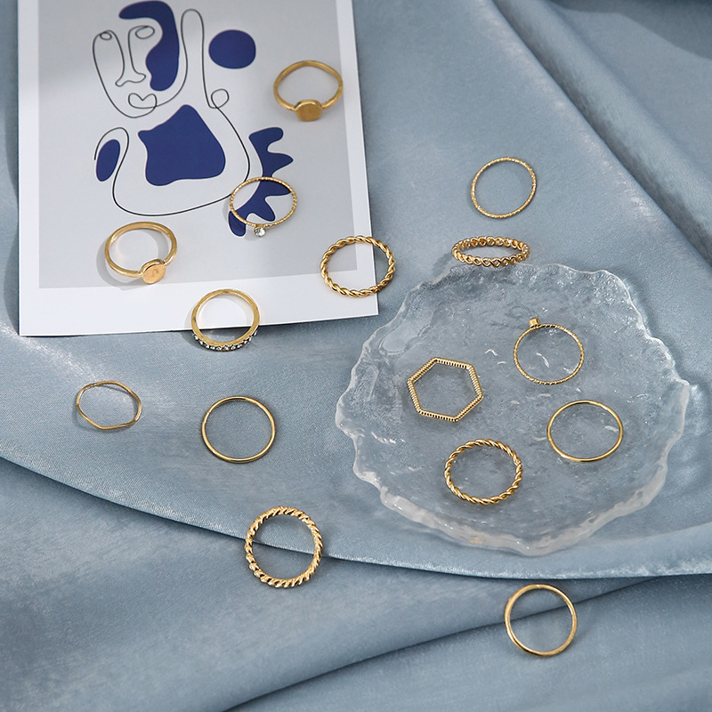 Diamond-studded Ring 15-piece Twist Round Corrugated Index Finger Ring