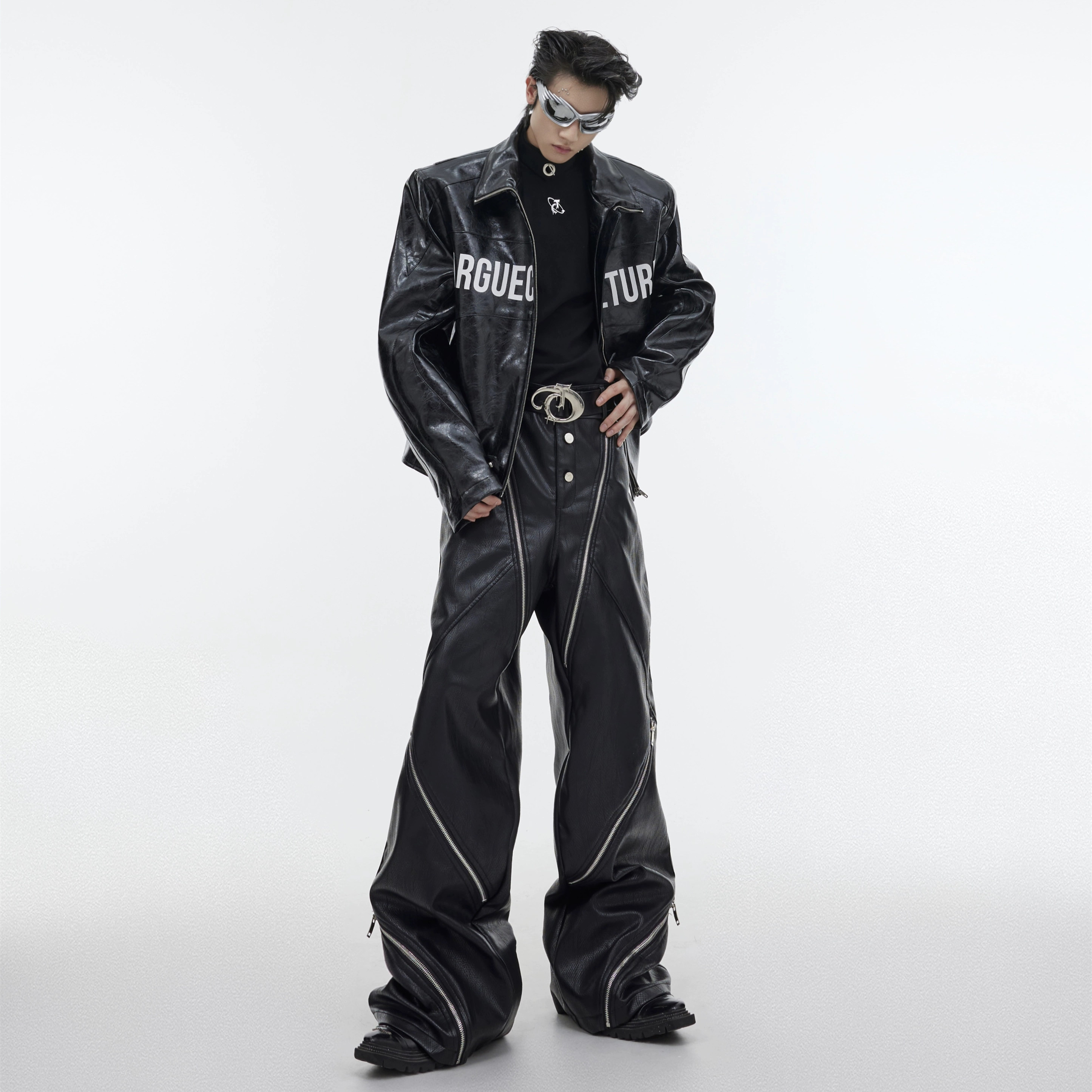 Small And Niche Snake Patterned Full Body Zipper Design Leather Pants With High Waisted Wide Leg Pants