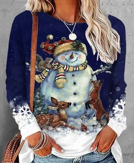 Round Neck Long Sleeve Sweater Plus Size Christmas Print 4 Models - Shop at LoveMi