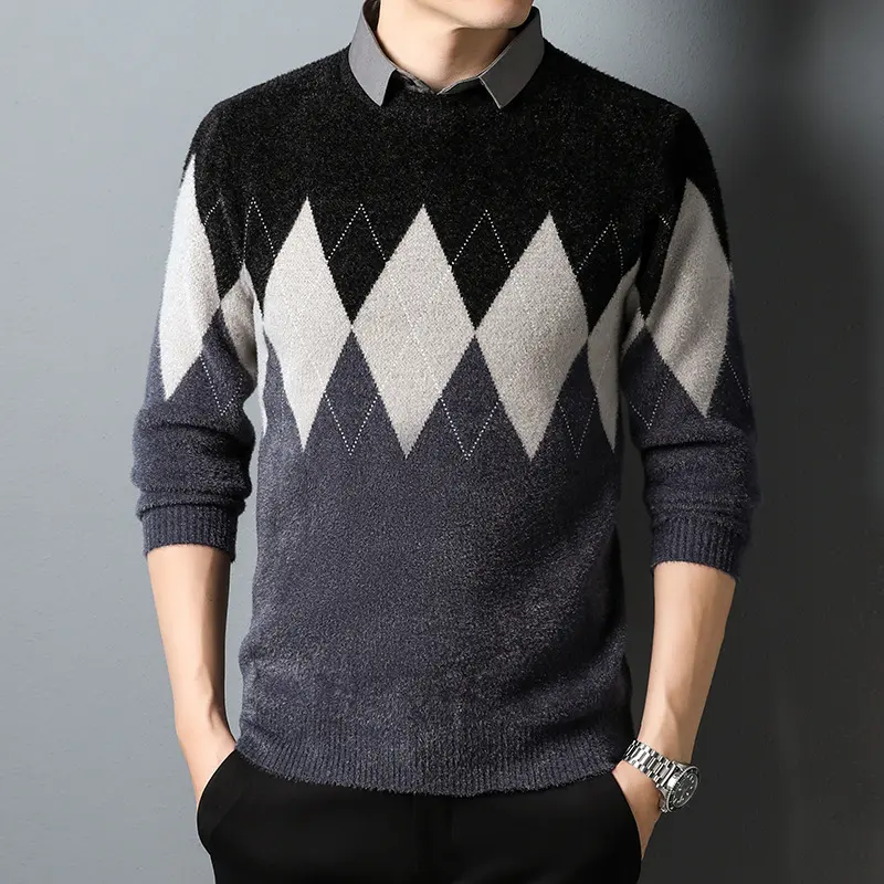Men's Diamond Block Fake Two-piece Imitation Mink Bottoming Shirt