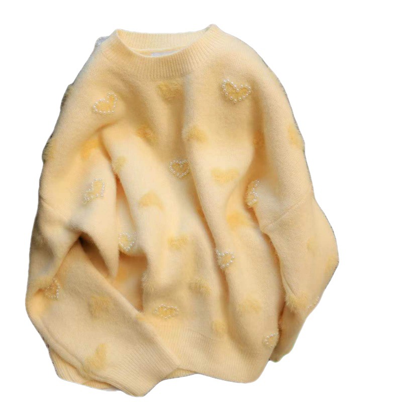 Sweet Loving Heart Beaded Outerwear Sweater Women's Loose Round Neck Design Sense